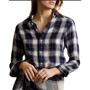 Lauren Ralph Lauren Women's Blue Plaid Shirt Size 2X Button Front Relaxed-Fit